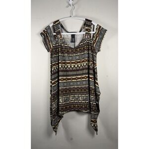 Jennifer Lauren Large Bohemian Tunic Top Cold Shoulder Keyhole Hippie Y2K Office